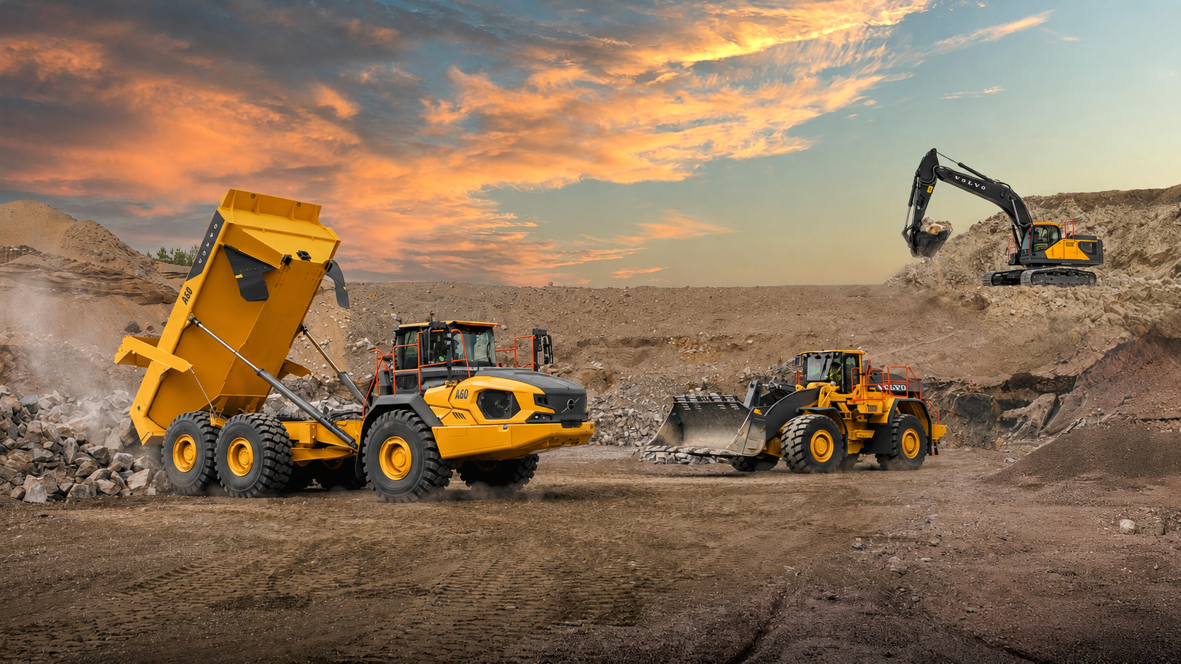 Excavadora, camion articulado Volvo Construction Equipment trabajando en una cantera